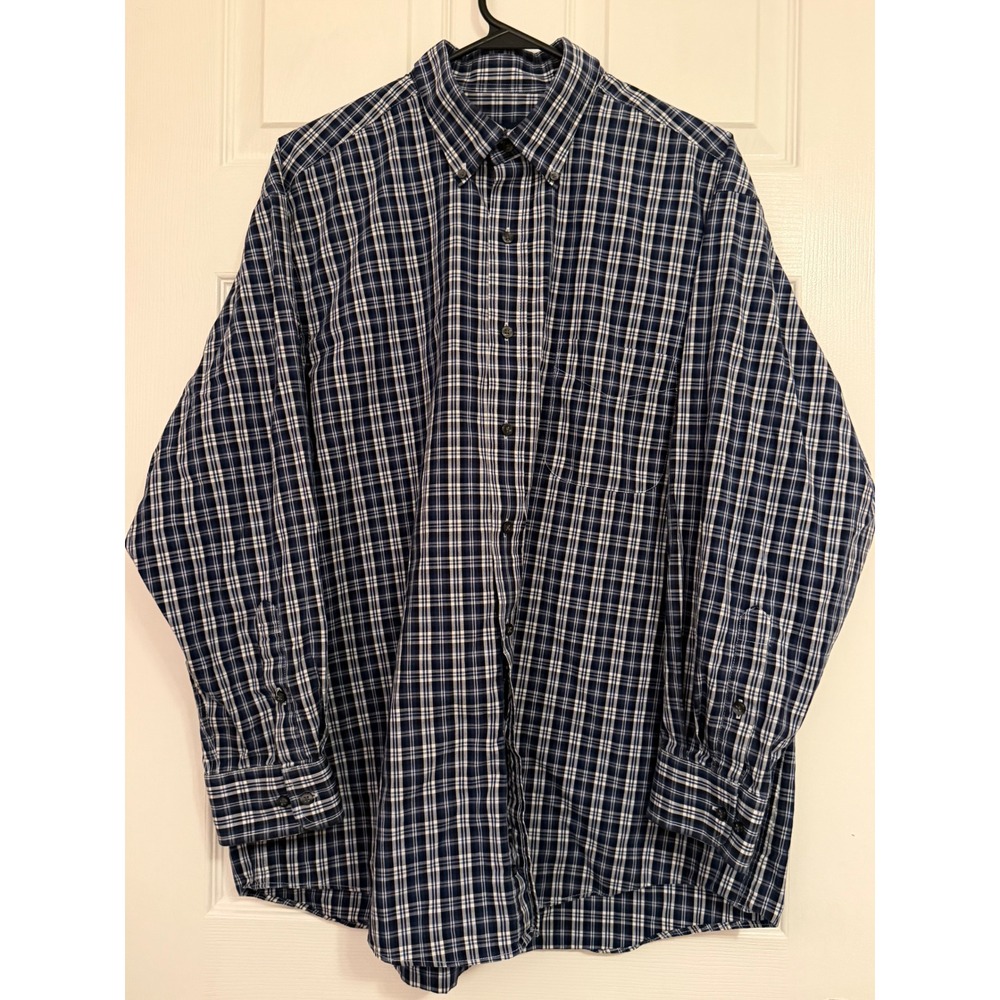 Club Room Mens Plaid Button Down Shirt Navy White Wrinkle Resistant 17 32/33